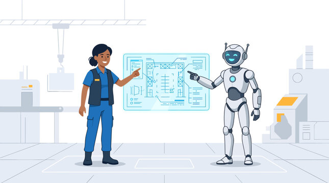 Diverse technician and futuristic robot pointing at holographic blueprint in modern factory, concept for innovation, automation and future technology solutions