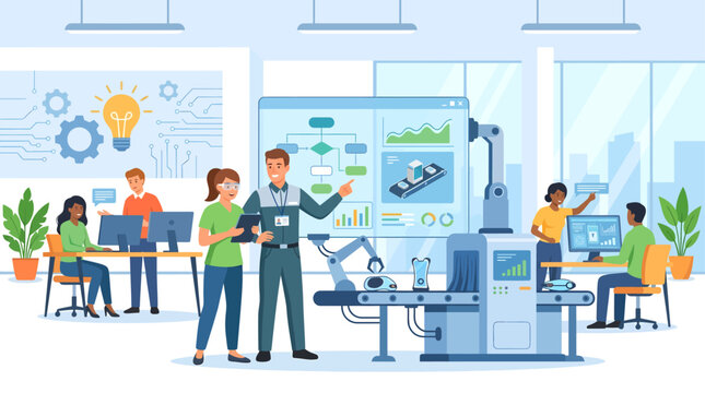 Diverse team collaborating with advanced AI robot on factory floor with digital dashboard, concept for automation, innovation, and future industry