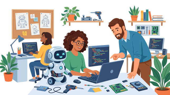 Diverse team building advanced robot with AI assistance in modern tech lab, concept for future innovation, engineering education and smart technology development