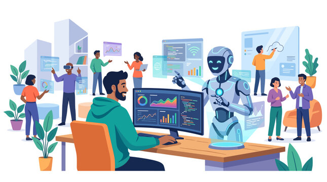 Diverse team collaborating with advanced AI robot in futuristic office, concept for innovation, teamwork, and technological advancement, use for business presentations, tech blogs, and digital