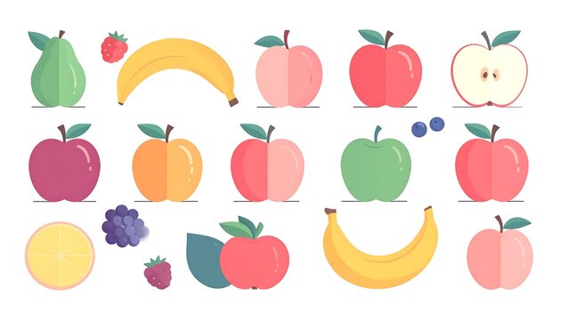 Colorful cartoon fruits and vegetables illustration.