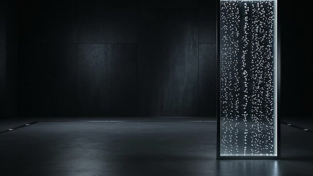 A tall vertical glass tank with rising bubbles stands inside a dark minimalist industrial room with concrete textures.