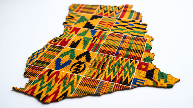 Vibrant kente fabric ghana map silhouette on white background