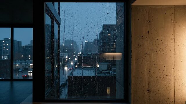 Rainy city view from a modern concrete apartment window at dusk.