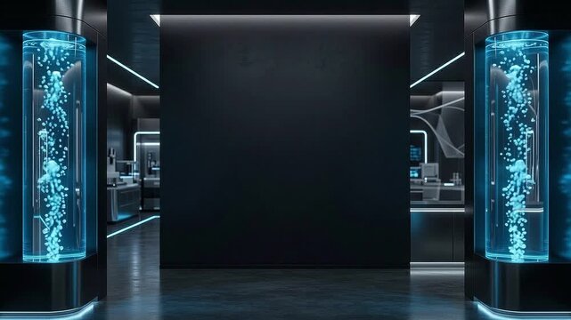 A futuristic dark laboratory interior featuring glowing blue cryogenic or water tanks with bubbles framing a blank central wall for copy space.