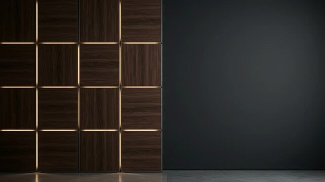 Modern minimalist interior with a dark wood paneled wall featuring a backlit square grid pattern next to a sleek matte black wall for mockup copy space.