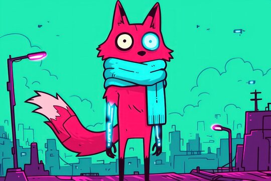 Cyberpunk fox cityscape illustration, neon, future