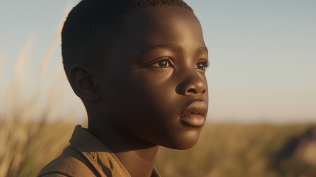 African boy, pensive gaze, savanna sunset, hope, documentary