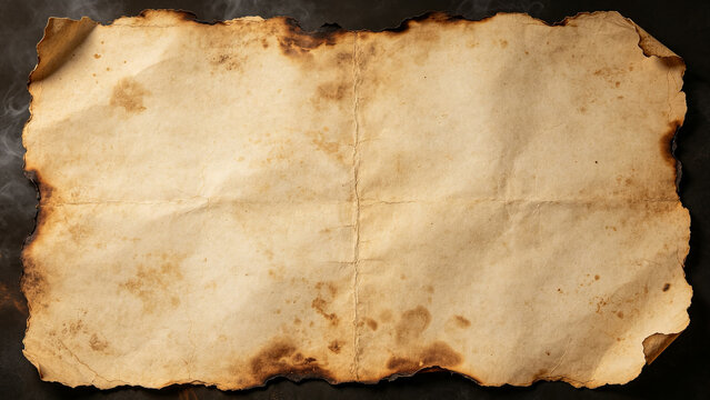 Burned parchment with irregular singed edges, faded fibers, subtle smoke stains