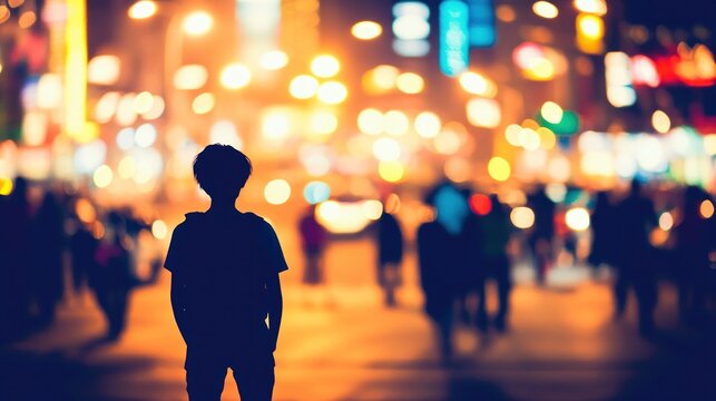 Child silhouetted, city night, blurred crowd, urban exploration, travel poster