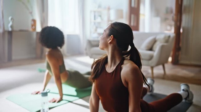 Yoga partners practicing home living room. Multiracial women flowing cobra pose.