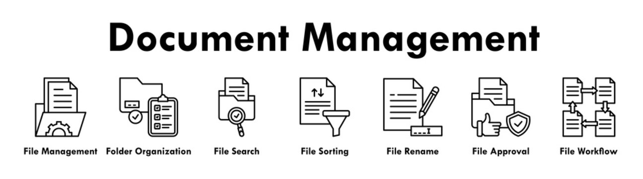 Document Management banner web icon illustration concept with icon of file management, folder organization, search, sorting, rename, approval, and workflow