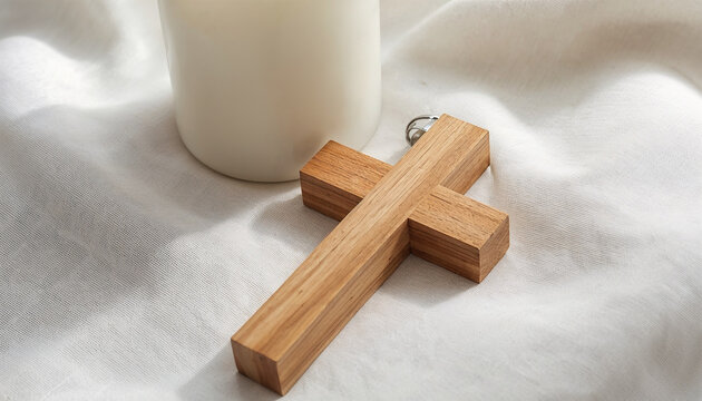 Wooden cross and white candle on fabric representing Christian faith and spiritual prayer