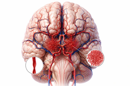Human brain anatomy with detailed vascular system showing arteriovenous malformations and blood vessel closeups