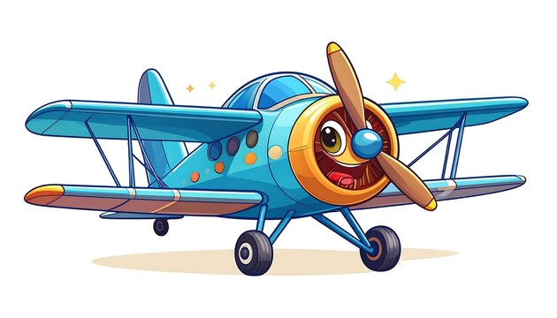 Vintage biplane airplane with blue propeller and wheels.