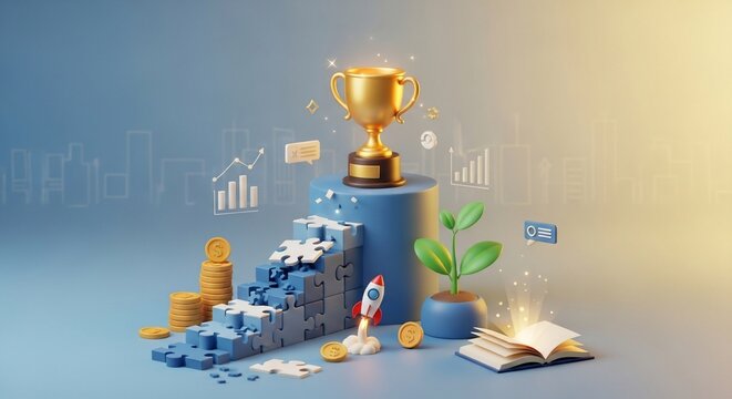 Success concept trophy rocket and growth