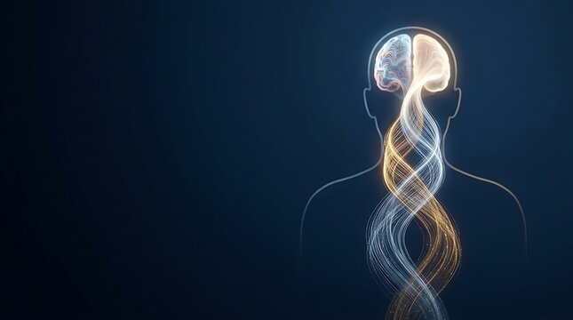 Human silhouette with glowing neural energy spiral and brain