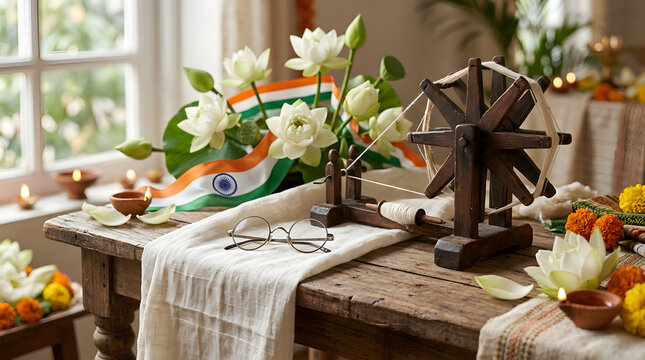 Gandhi Jayanti tribute with spinning wheel and white flowers.