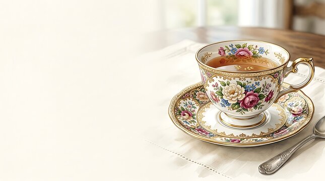 Elegant floral teacup and saucer with tea on a classic table