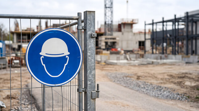 Blue mandatory helmet sign with hard hat symbol indicating required head protection in construction areas