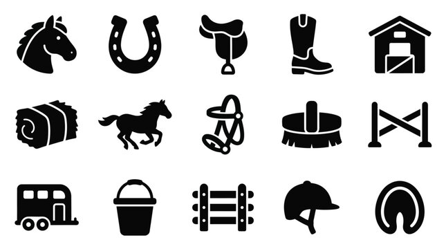 Collection of horse riding and equestrian equipment icons, including horse head, horseshoe, saddle, boot, barn, hay bale, horse, bridle, brush, fence, trailer, bucket, helmet, and hoof print.