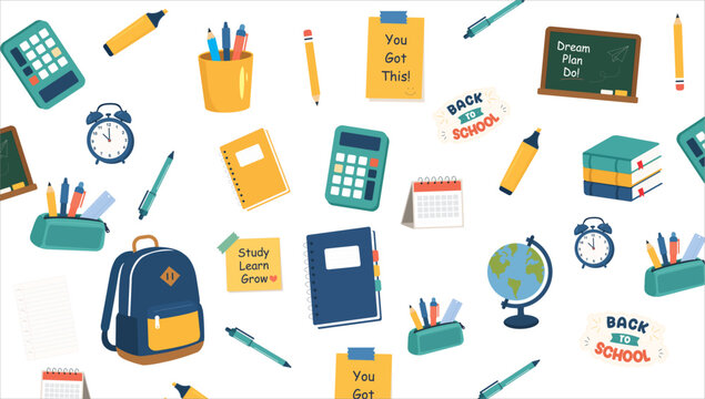 Back to school supplies seamless pattern background
