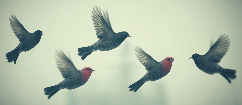 Five birds flying, soft background, nature scene, design element