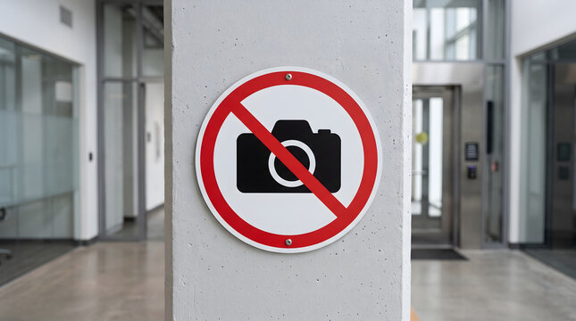 Circular no photography prohibition sign showing camera symbol for restricted security and private locations