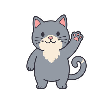 Cute cartoon cat waving hello with a friendly expression in a flat vector style.