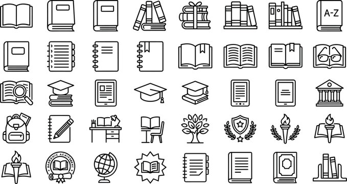 Education school books library study and academic literature line iconsEducation school books library study and academic literature line icons