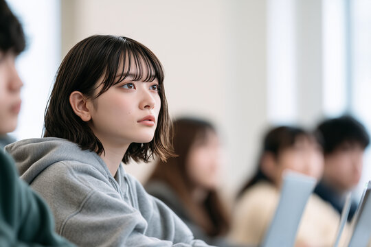 講義中に真剣な表情で耳を傾ける日本人女子大学生の横顔クローズアップ