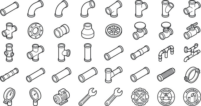 Isometric plumbing pipe fittings industrial pipeline system line icons setIsometric plumbing pipe fittings industrial pipeline system line icons set