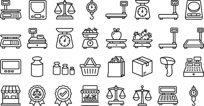 Weighing scales grocery store measurement and retail checkout icons setWeighing scales grocery store measurement and retail checkout icons set