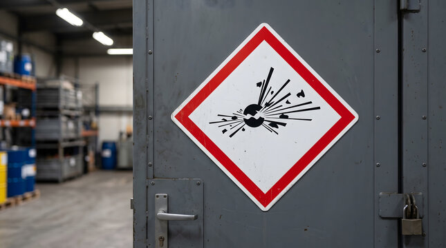 Diamond shaped explosive hazard warning sign indicating areas containing dangerous explosive materials and safety risks