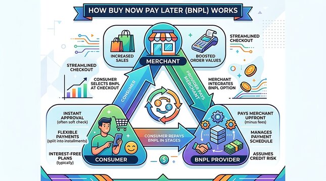 Infographic explaining the buy now pay later business model