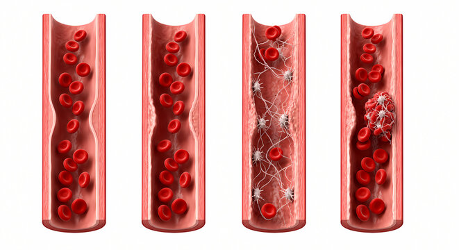 Diagram showing four stages of blood vessel disease from normal flow to atherosclerosis and blood clot formation