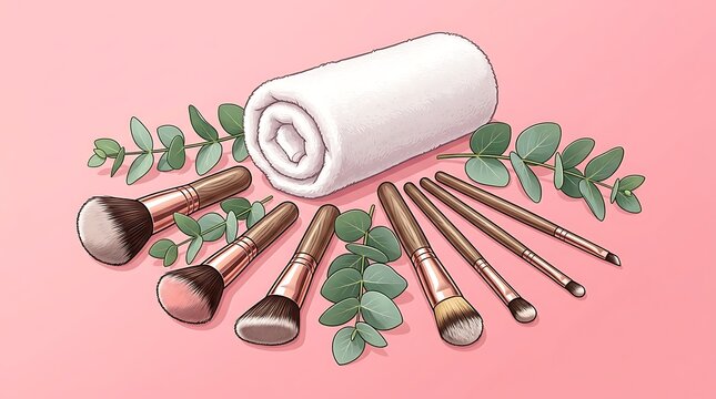 Professional cosmetics brushes with spa towel and eucalyptus leaves