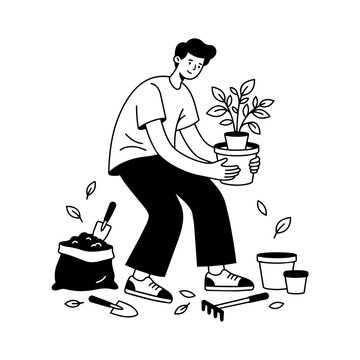 man Gardening Plant Pot Activity Illustration Element