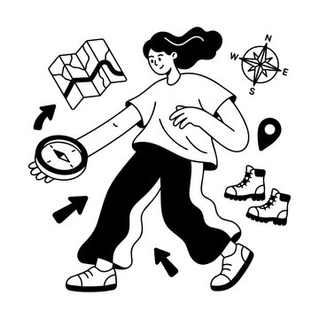 Woman Navigation Compass Map Travel Illustration Element