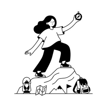Woman Climbing Mountain Flag Bold Illustration Element