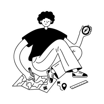 Man Sitting Drawing Compass Study Illustration Element