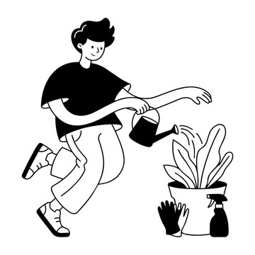 Man Watering Plant Office Casual Bold Icon Illustration