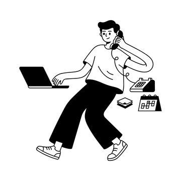 Multitasking man Laptop Phone Work Illustration Element