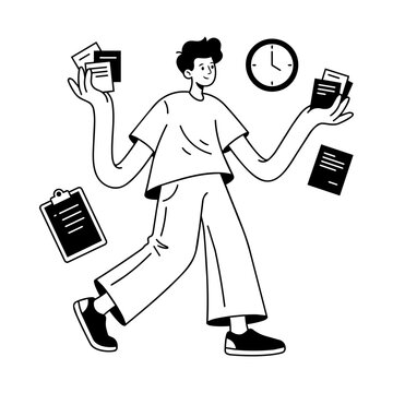 man Multitasking Document Clock Busy Bold Icon Illustration