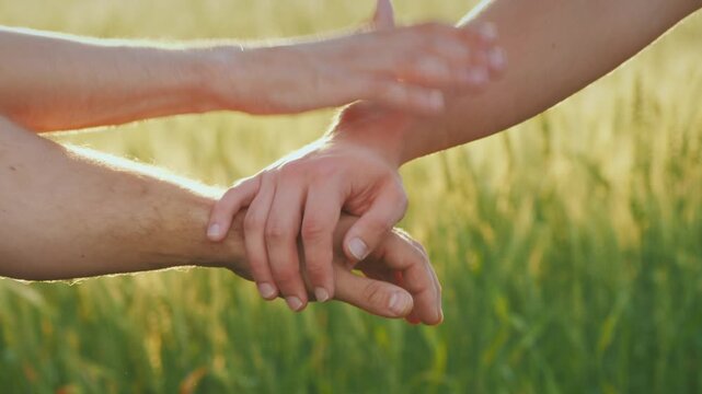 Group of people joining hands together in golden wheat field at sunset.