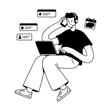 Man Laptop Phone Headset Remote Work Bold Icon Illustration