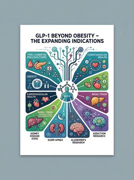 Medical infographic showing glp-1 medication indications and benefits