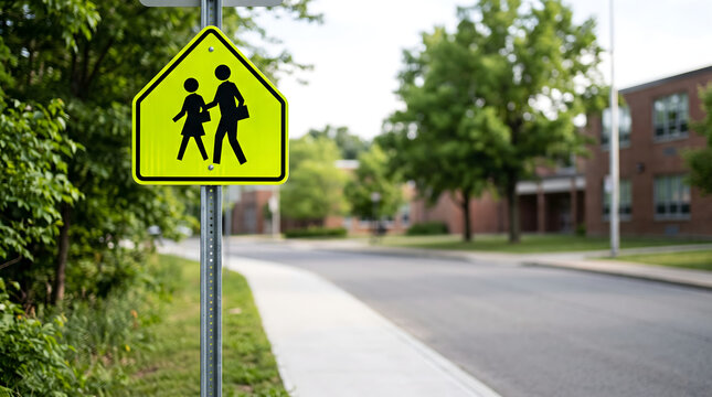 Bright school crossing warning sign designed to alert drivers about children near educational areas
