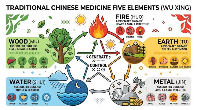Traditional chinese medicine five elements wu xing infographic