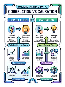 Educational infographic explaining correlation versus causation in data